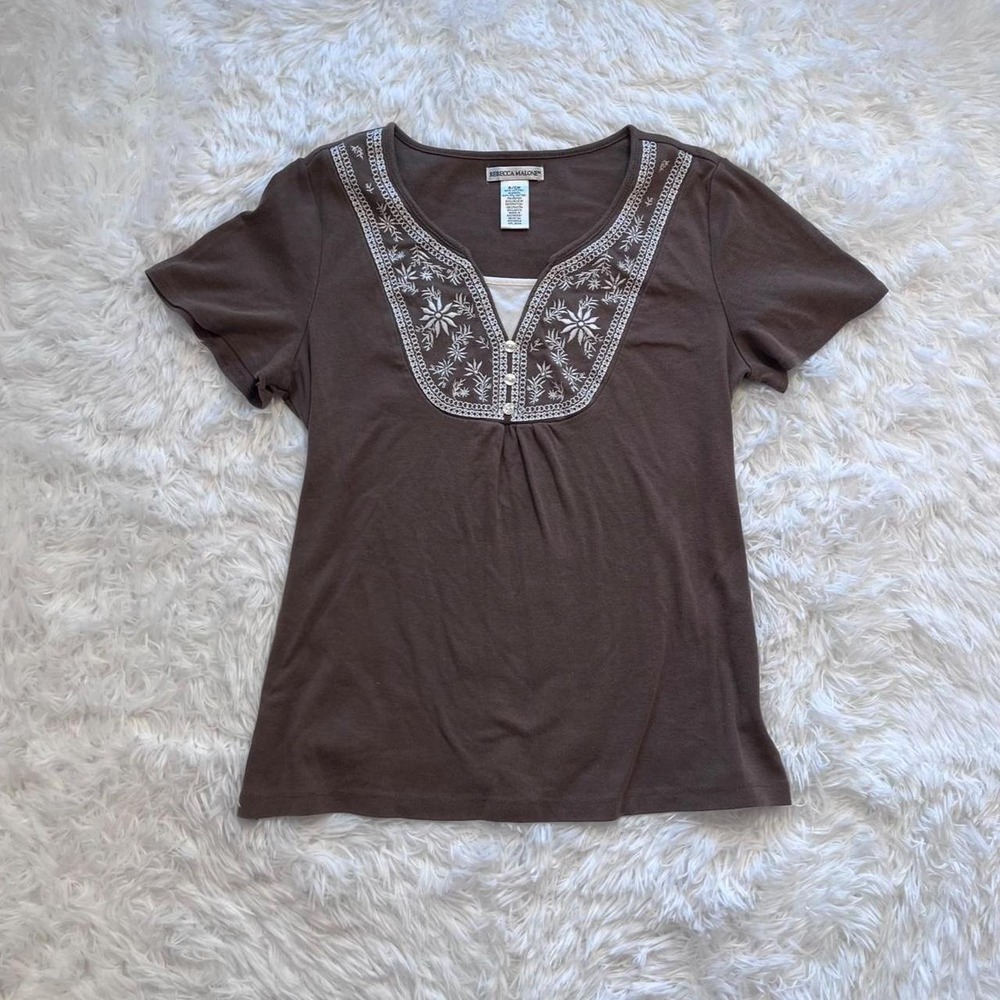 Y2K Brown & White Floral Embroidered Baby Doll Peasant Top Small